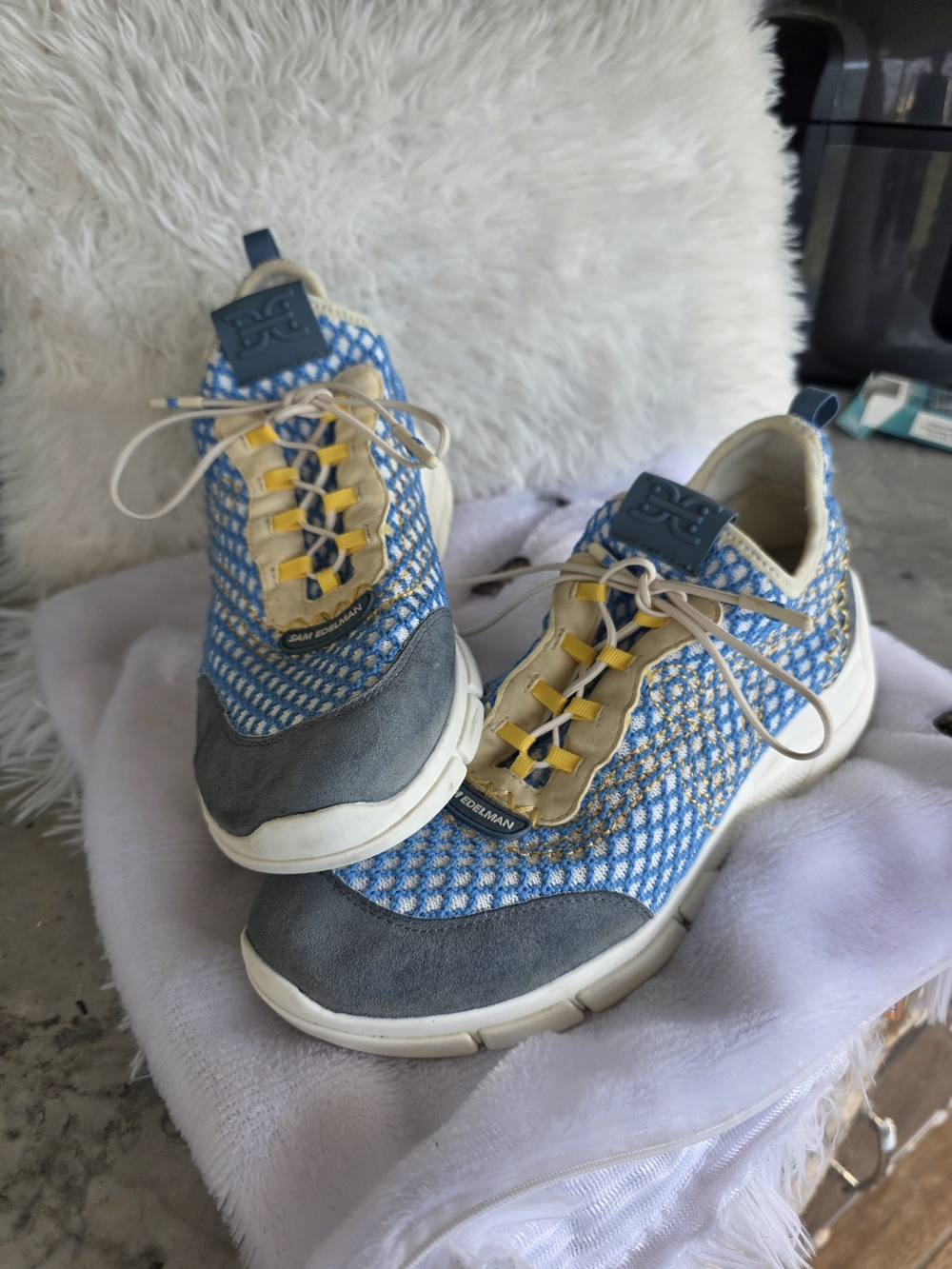 Sam Edelman Blue and Yellow Knit Slip-On Sneakers